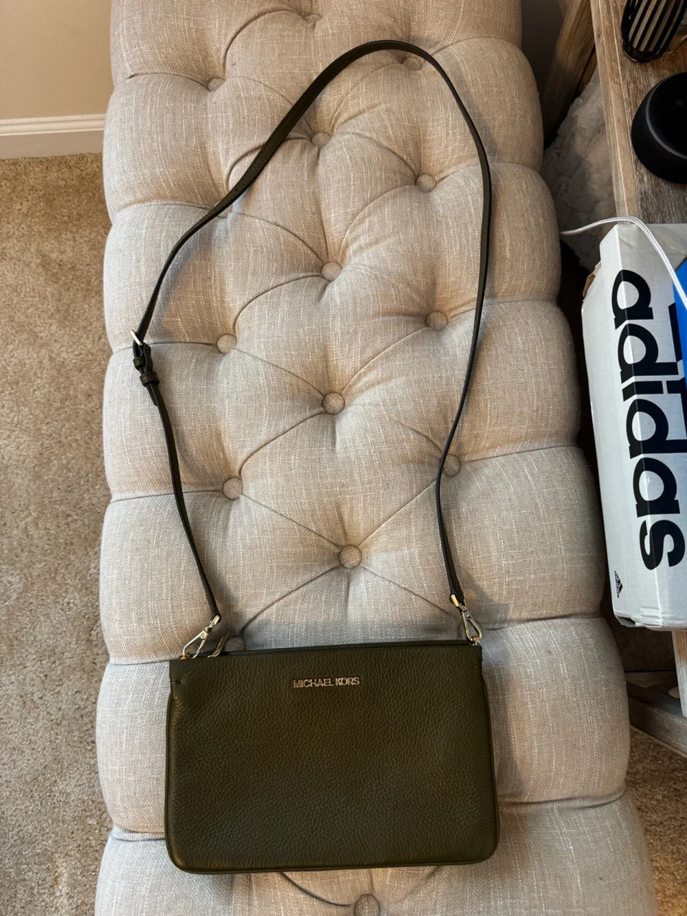 Michael Kors Dark Olive Green Crossbody with Black Strap and Gold Hardware